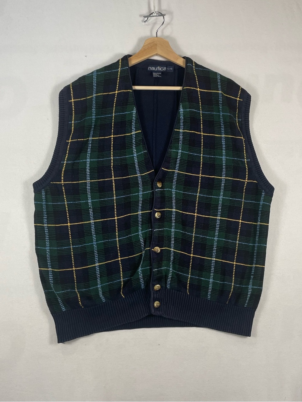 Vintage Nautica Cotton Knit Button Vest Hong Kong Green Plaid Navy V Neck Sz L